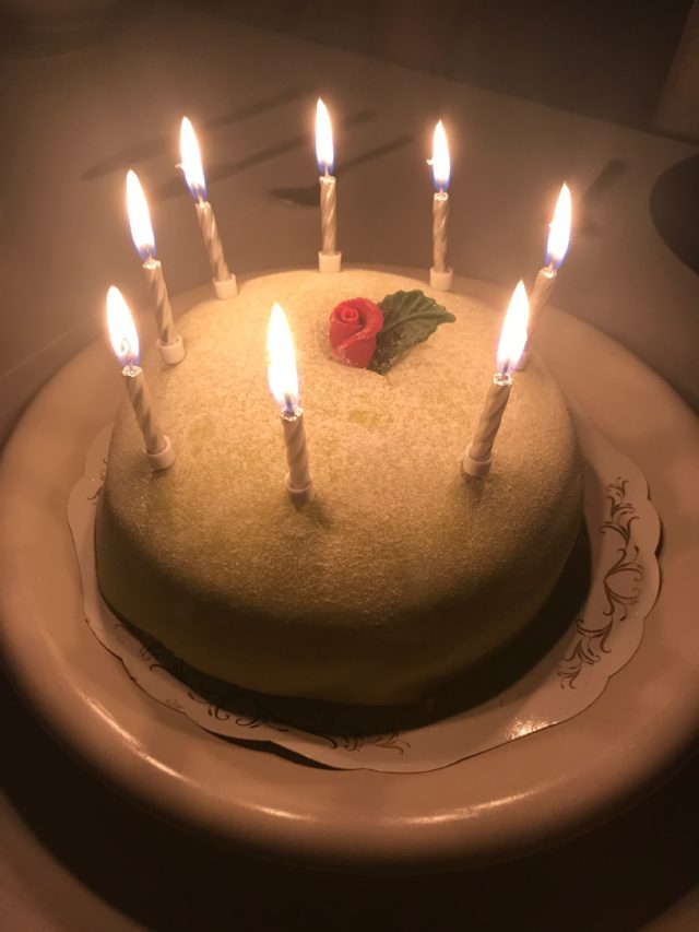 Green Marzipan Cake With A Rose And Leaves And Burning Birthday Candles On A White Plate