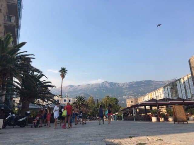 People On The Street With Palm Trees In Montenegro