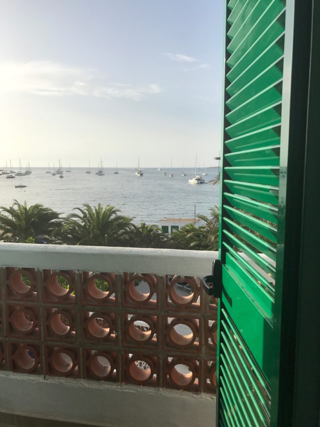 View Of Palm Trees And Sea And Boats From A Balcony With Green Doorn