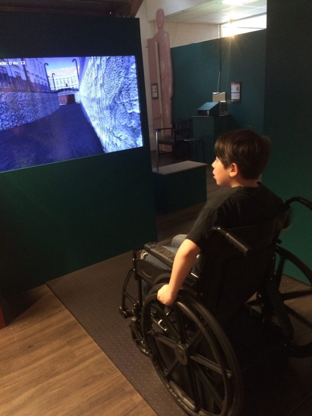 Boy With Brown Hair Sits In A Wheelchair And Plays Games On Big Screen