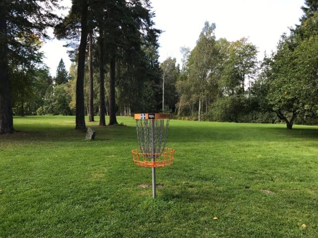 Disc Golf Catcher On A Grass Playing Field With Trees
