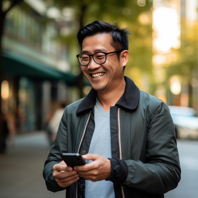Smiling Man With A Smartphone In His Hands Outdoors