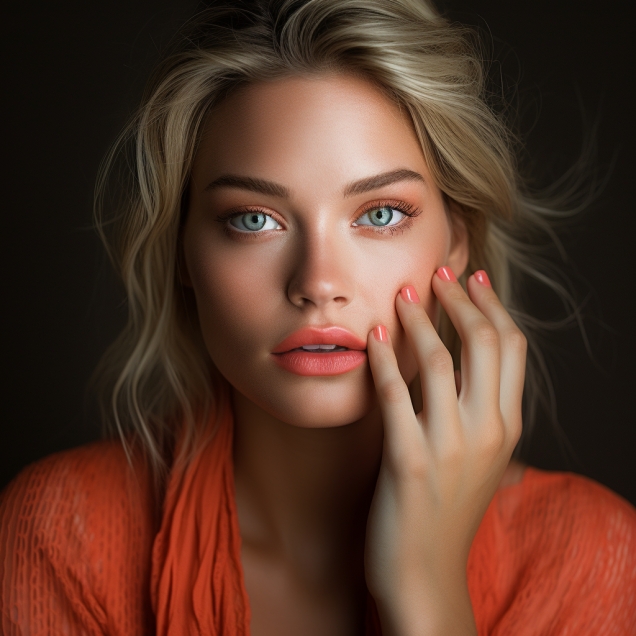 Blond Woman With Coral Colored Makeup With Dark Background