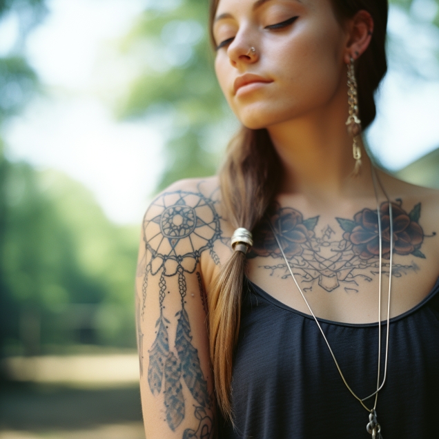 Beautiful Girl With A Tattoo Of A Dream Catcher Outdoors