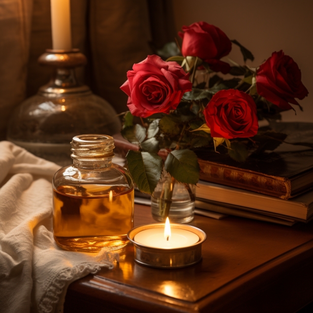 Jar Of Oil On A Table Next To A Lighted Candle And Red Roses