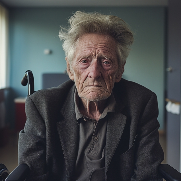 Unhappy Old Man In His Wheelchair In Nursing Home