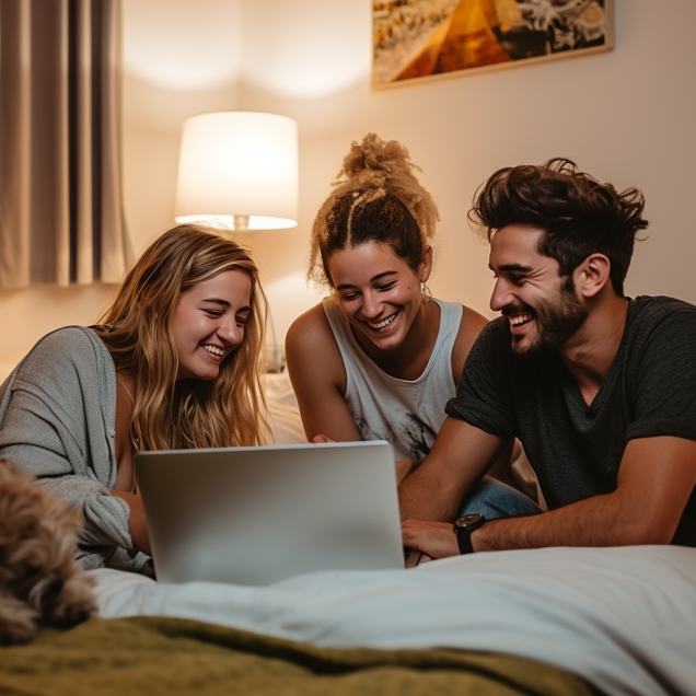 People Smiling Together While Using Laptop On Bed