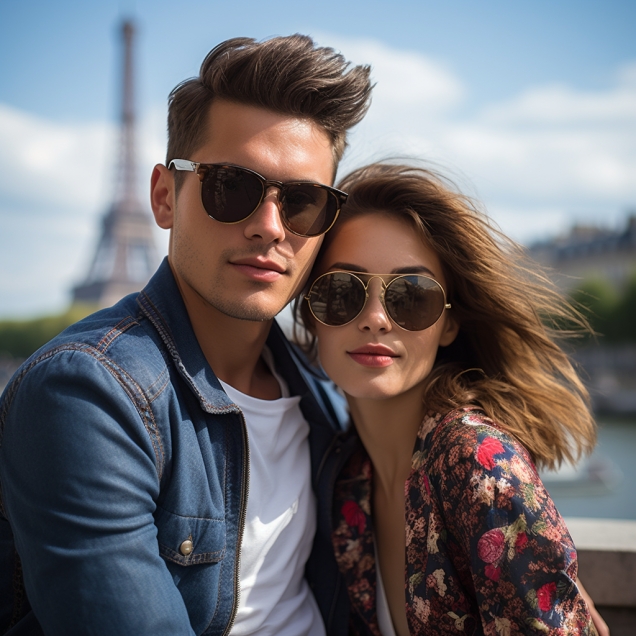 Couple Standing In Front Of Eiffel Tower Wearing Retro Sunglasses