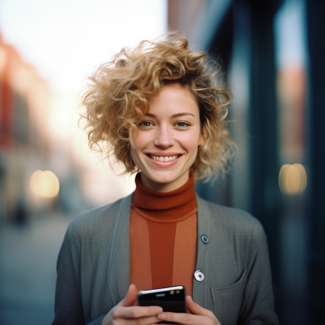 Happy Girl With Curly Hair Holding A  Smartphone Outdoors