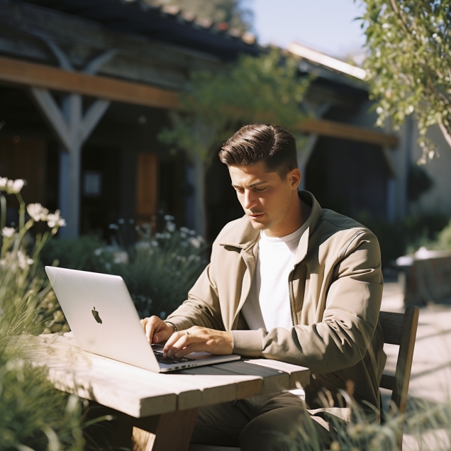 Guy Typing On A Laptop Sitting Outdoors A Sunny Day