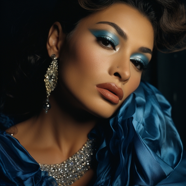 Beautiful Woman In 90S Makeup With Jewelry And Blue Clothes